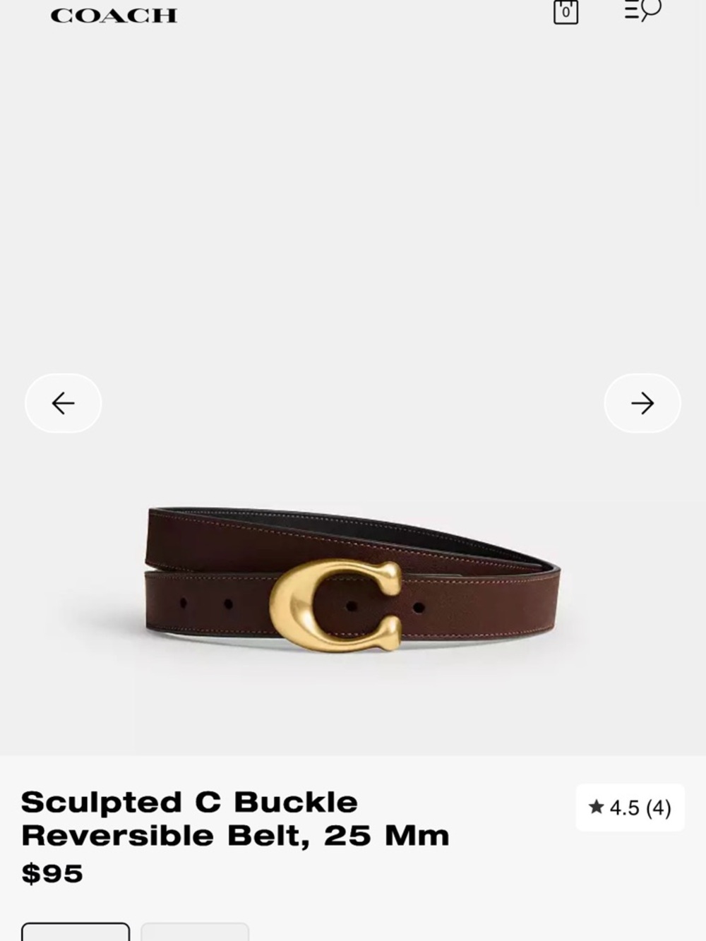 Coach Sculpted C Buckle Reversible Belt — Brown with Gold Buckle